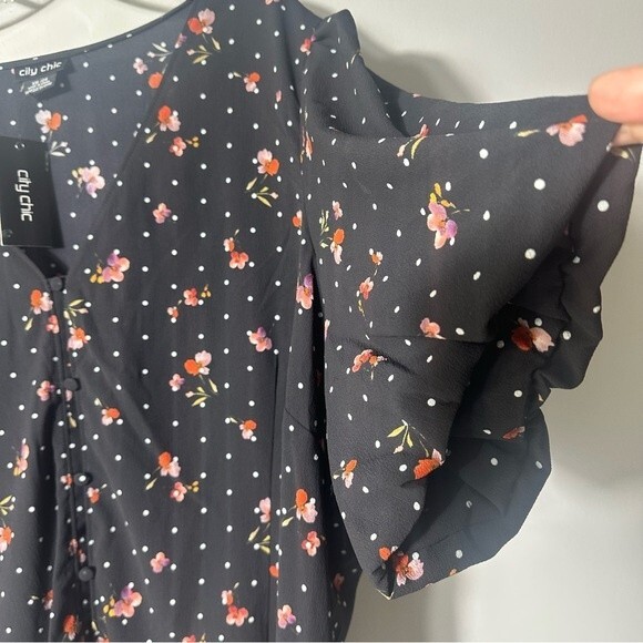 City Chic Spot The Petal Black Floral polka dot print Relaxed fit Button Up XXL - Picture 8 of 15
